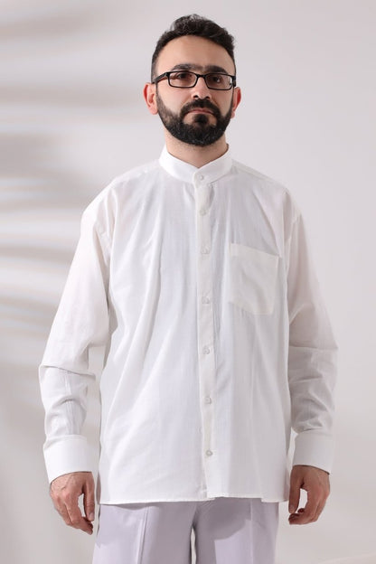 Light Cream Men's Loose Fit Single Pocket Mandarin Collar Hajj and Umrah Linen Shirt - ihvan