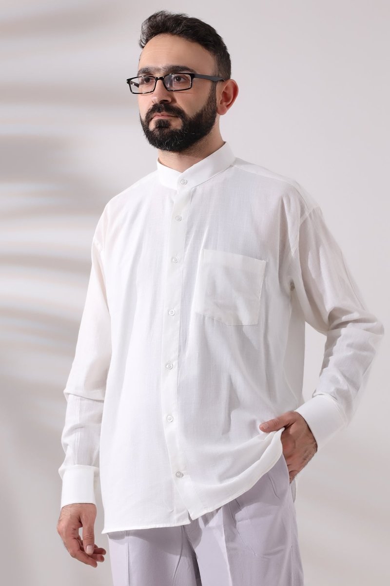 Light Cream Men's Loose Fit Single Pocket Mandarin Collar Hajj and Umrah Linen Shirt - ihvan