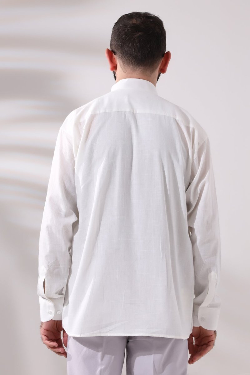 Light Cream Men's Loose Fit Single Pocket Mandarin Collar Hajj and Umrah Linen Shirt - ihvan