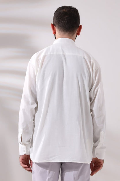 Light Cream Men's Loose Fit Single Pocket Mandarin Collar Hajj and Umrah Linen Shirt - ihvan