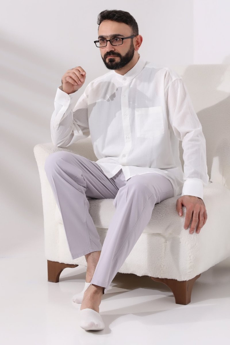 Light Cream Men's Loose Fit Single Pocket Mandarin Collar Hajj and Umrah Linen Shirt - ihvan