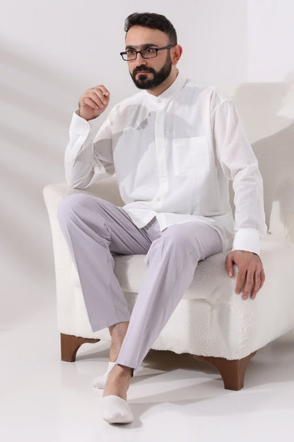 Light Cream Men's Loose Fit Single Pocket Mandarin Collar Hajj and Umrah Linen Shirt - ihvan