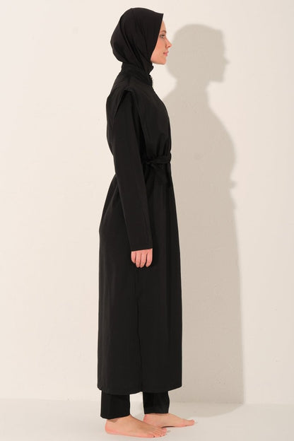 Long, Fully Covered Hijab Swimsuit with Side Ties 26541 - 26 Black - ihvan