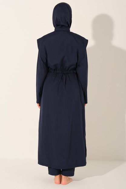 Long, Fully Covered Hijab Swimsuit with Side Ties 26541 - 26 Navy Blue - ihvan