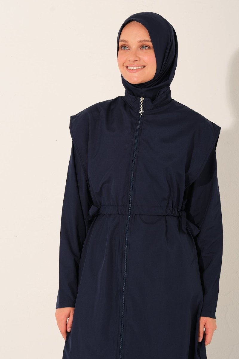 Long, Fully Covered Hijab Swimsuit with Side Ties 26541 - 26 Navy Blue - ihvan