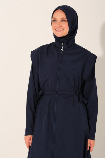 Long, Fully Covered Hijab Swimsuit with Side Ties 26541 - 26 Navy Blue - ihvan
