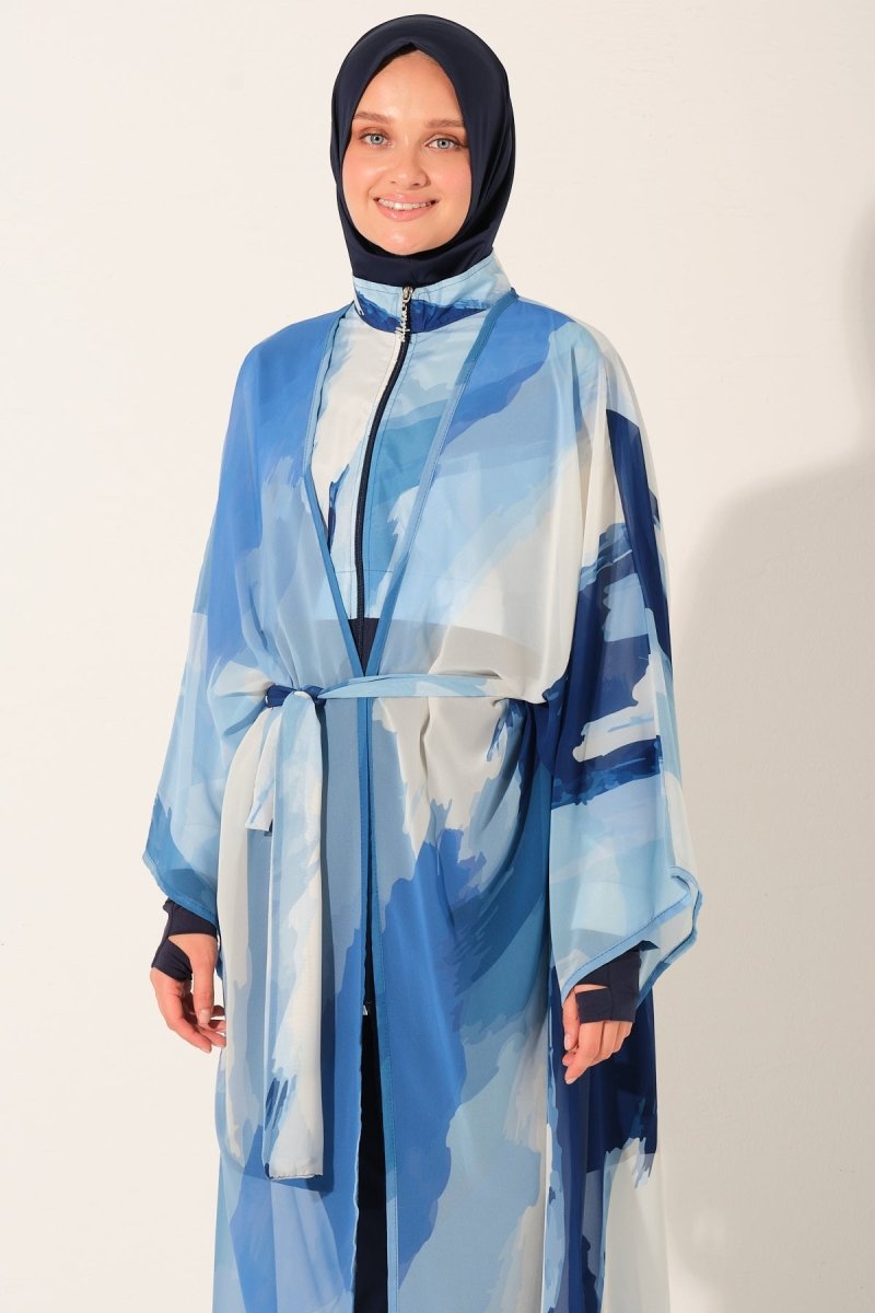 Long Patterned Belted Lightweight Beach Pareo Blue 7138 - 26 - ihvan