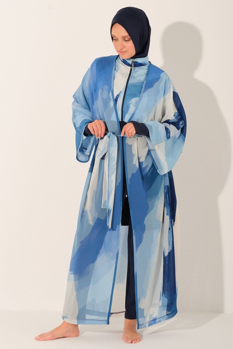Long Patterned Belted Lightweight Beach Pareo Blue 7138 - 26 - ihvan