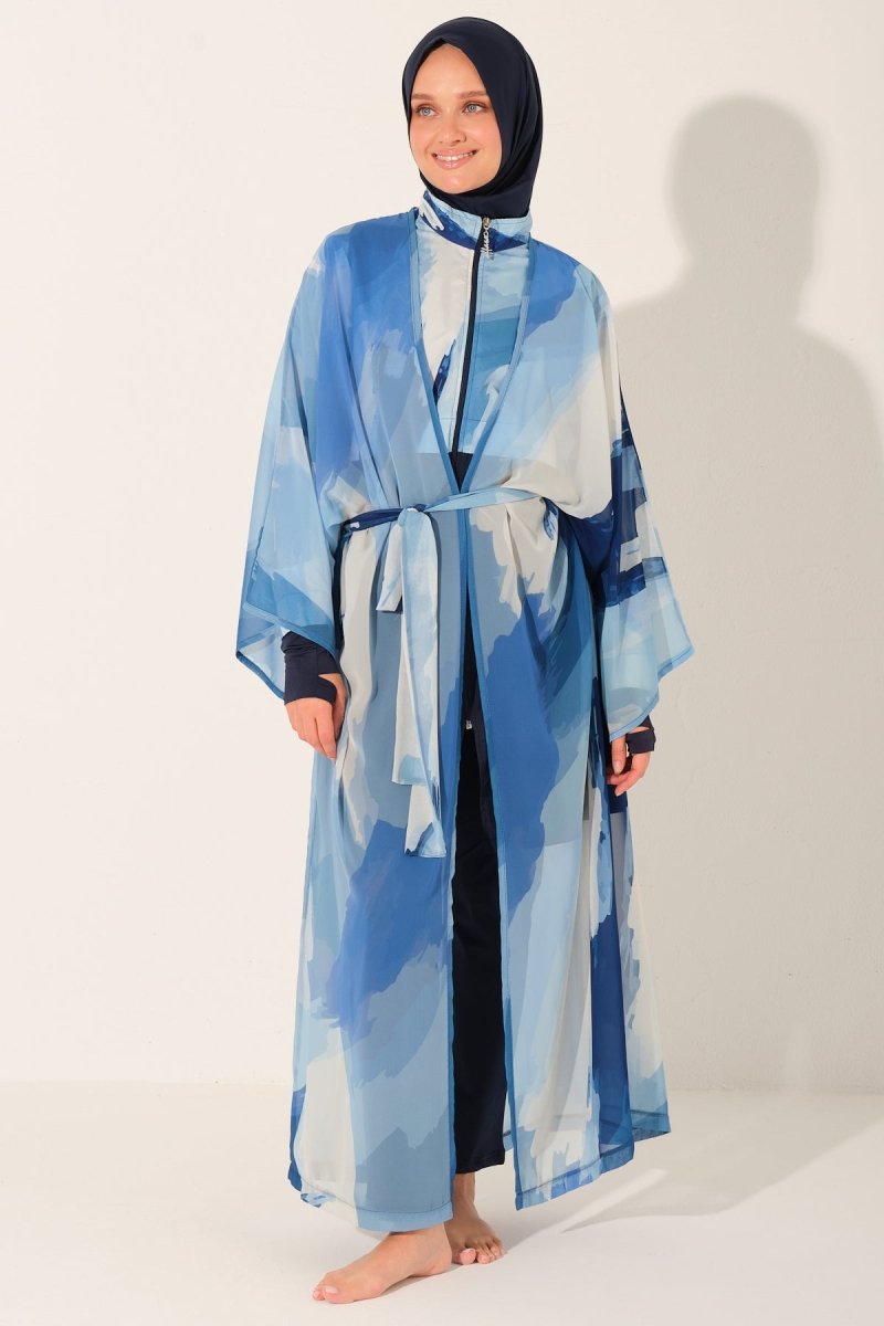 Long Patterned Belted Lightweight Beach Pareo Blue 7138 - 26 - ihvan