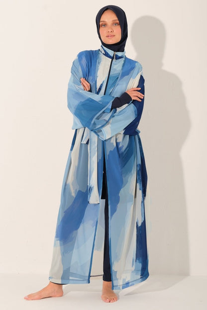 Long Patterned Belted Lightweight Beach Pareo Blue 7138 - 26 - ihvan