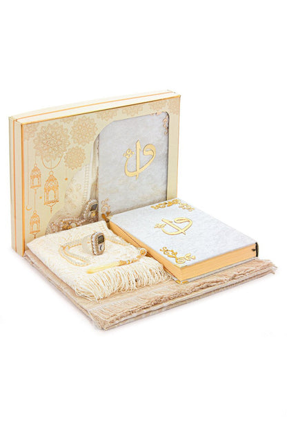 Luxury 6 - Piece Dowry Prayer Set – Velvet Quran, Chenille Prayer Rug, Tasbeeh, Zikr Counter, and Scarf – White - ihvan