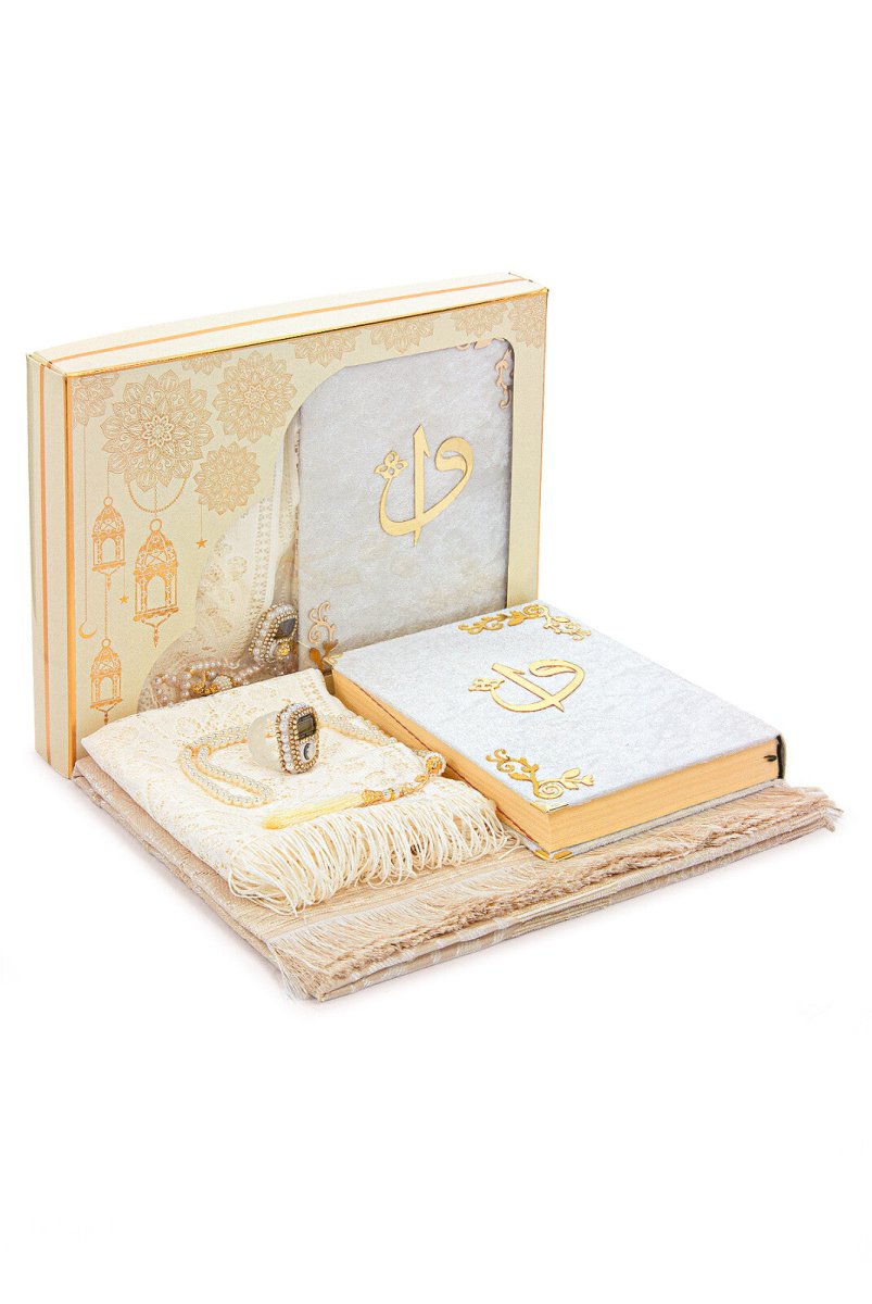 Luxury 6 - Piece Dowry Prayer Set – Velvet Quran, Chenille Prayer Rug, Tasbeeh, Zikr Counter, and Scarf – White - ihvan