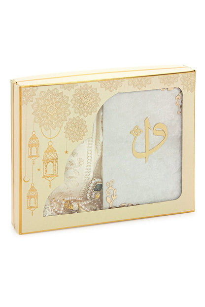 Luxury 6 - Piece Dowry Prayer Set – Velvet Quran, Chenille Prayer Rug, Tasbeeh, Zikr Counter, and Scarf – White - ihvan