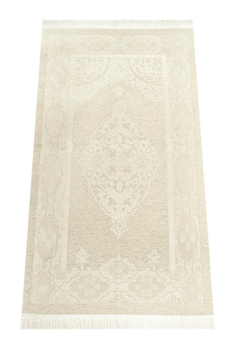 Luxury 6 - Piece Dowry Prayer Set – Velvet Quran, Chenille Prayer Rug, Tasbeeh, Zikr Counter, and Scarf – White - ihvan