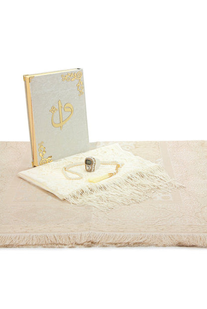Luxury 6 - Piece Dowry Prayer Set – Velvet Quran, Chenille Prayer Rug, Tasbeeh, Zikr Counter, and Scarf – White - ihvan