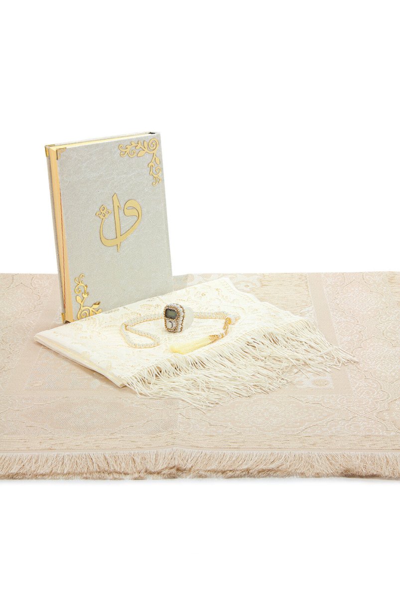 Luxury 6 - Piece Dowry Prayer Set – Velvet Quran, Chenille Prayer Rug, Tasbeeh, Zikr Counter, and Scarf – White - ihvan