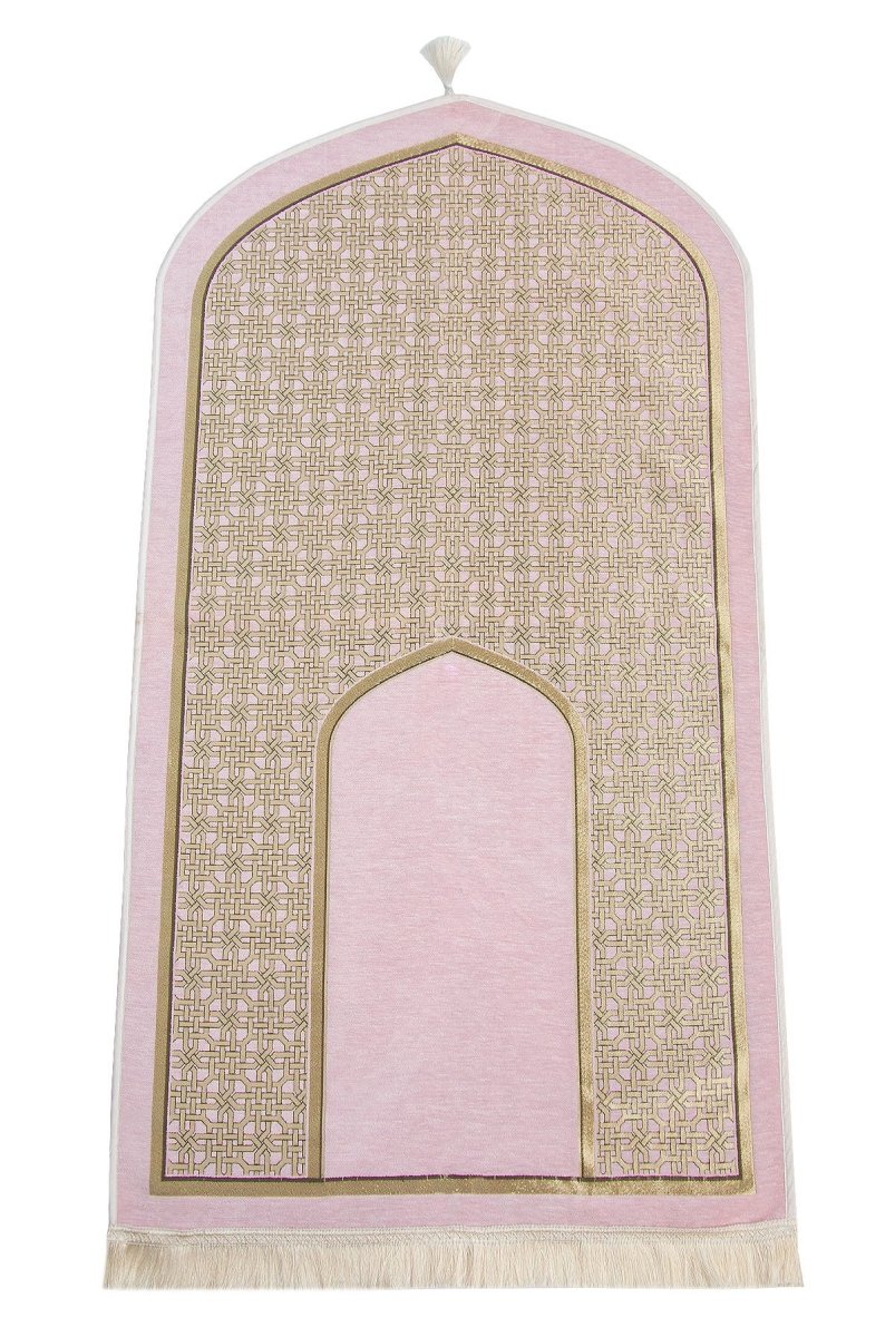 Luxury Chenille Prayer Rug with Oval Mihrab Pattern and Tassels - ihvan