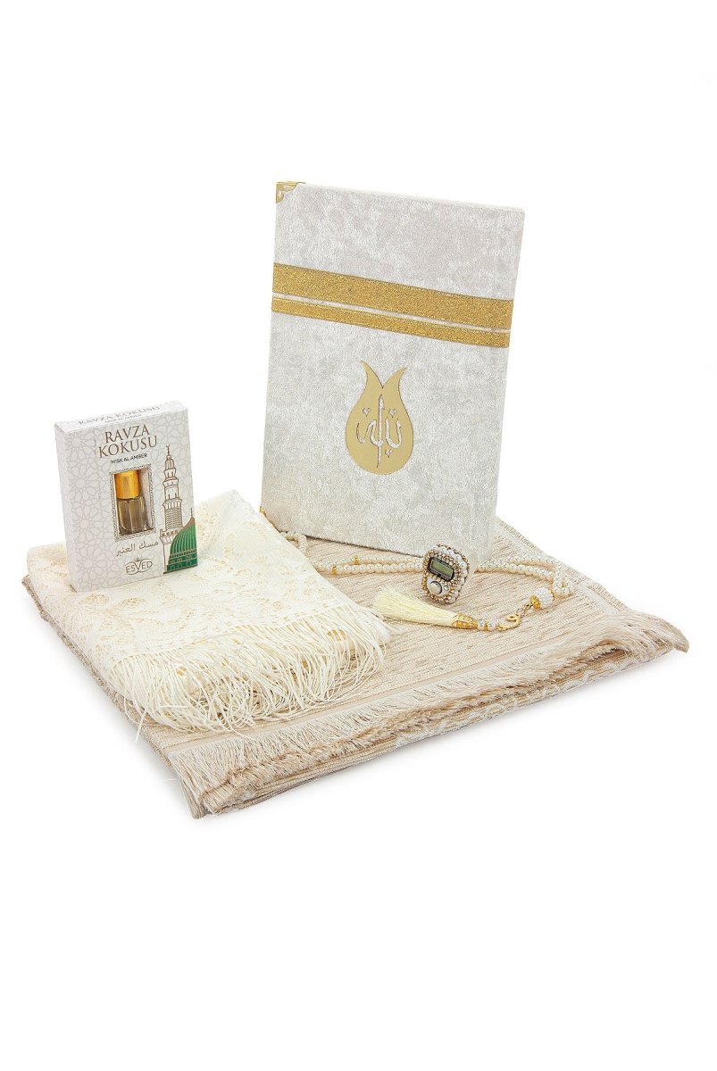 Luxury Dowry Prayer Set – Kaaba Pattern Yasin, Chenille Prayer Rug, Tasbeeh, and Zikr Counter – Ramadan & Wedding Gift - ihvan