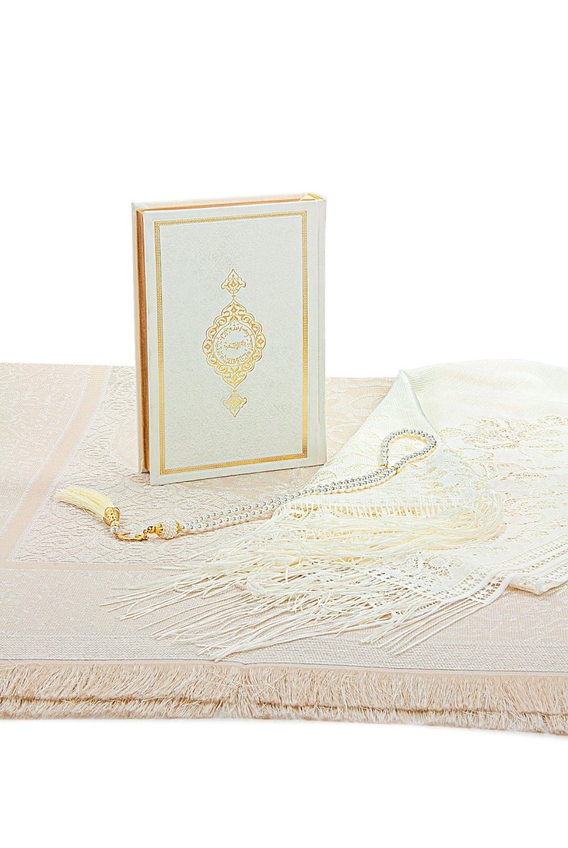 Luxury Dowry Prayer Set – Tafta Prayer Rug, Termo Leather Quran, Pearl Tasbeeh, and Scarf in Gift Box - ihvan