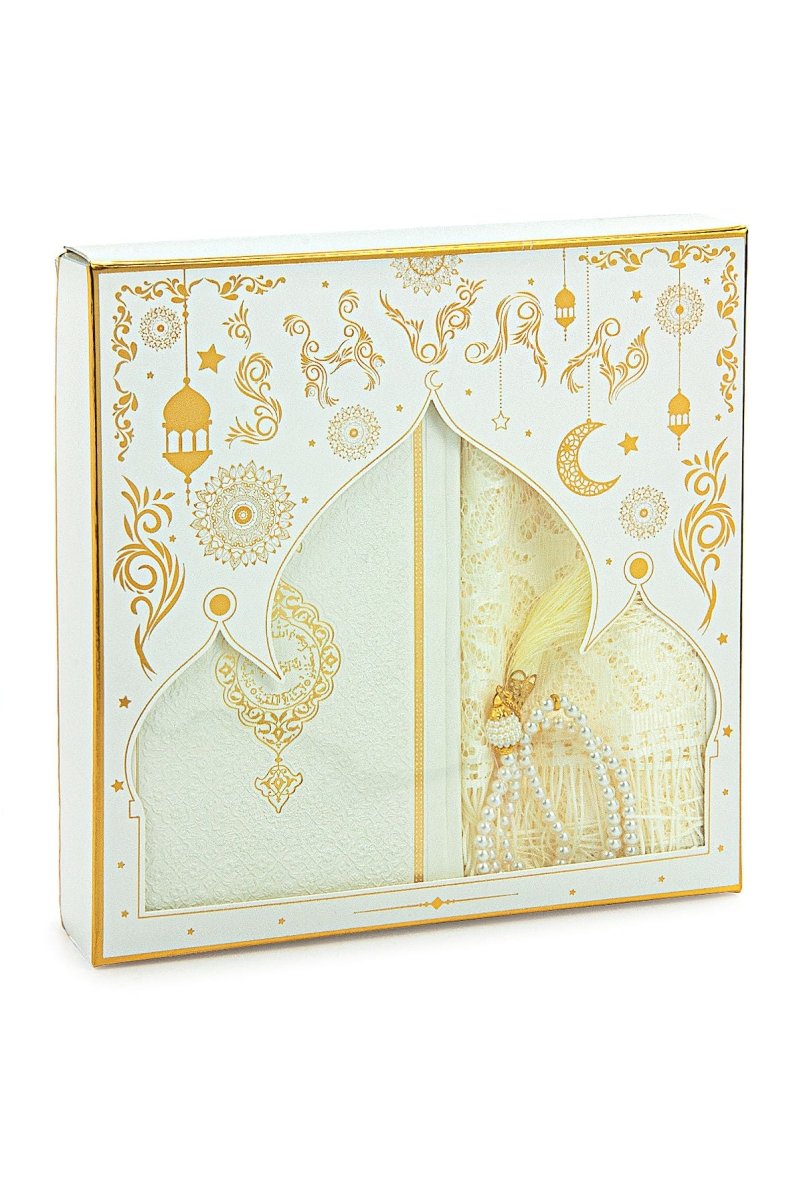 Luxury Dowry Prayer Set – Tafta Prayer Rug, Termo Leather Quran, Pearl Tasbeeh, and Scarf in Gift Box - ihvan