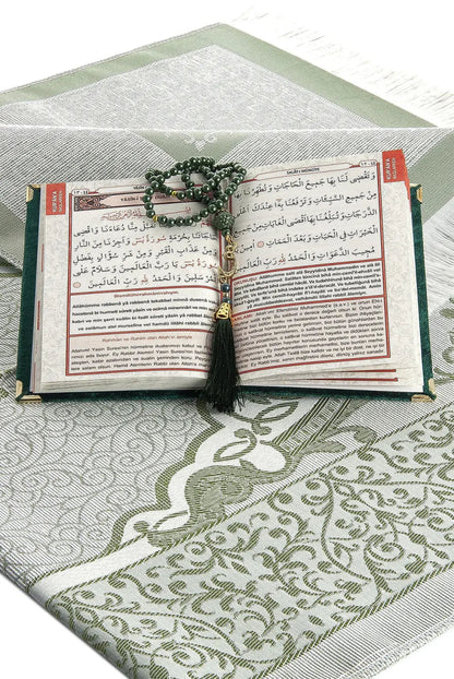 Luxury Dowry Prayer Set – Tafta Prayer Rug, Velvet Yasin Book & Tasbeeh in Gift Box - ihvan