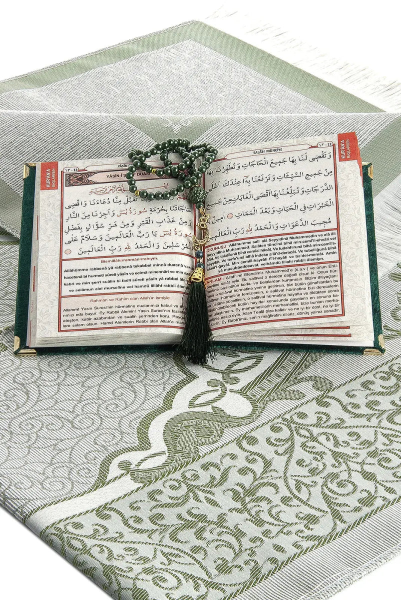 Luxury Dowry Prayer Set – Tafta Prayer Rug, Velvet Yasin Book & Tasbeeh in Gift Box - ihvan