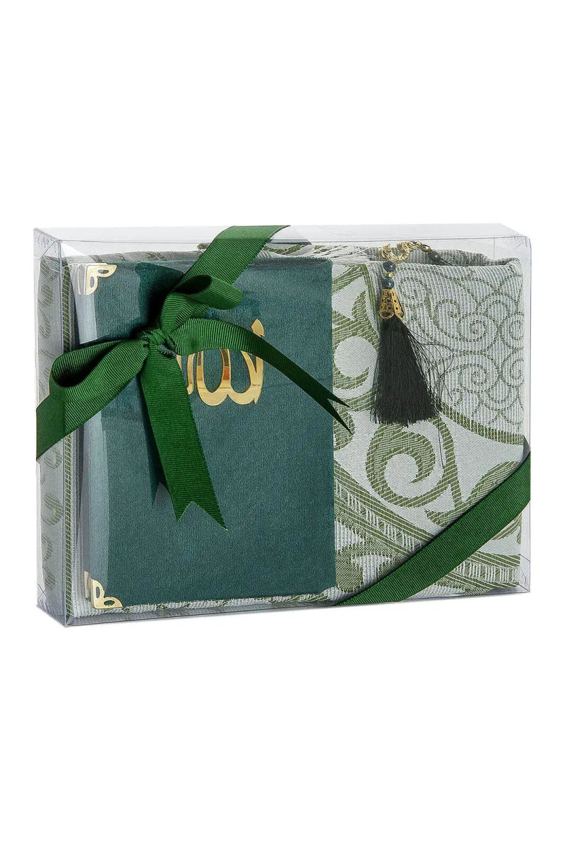 Luxury Dowry Prayer Set – Tafta Prayer Rug, Velvet Yasin Book & Tasbeeh in Gift Box - ihvan
