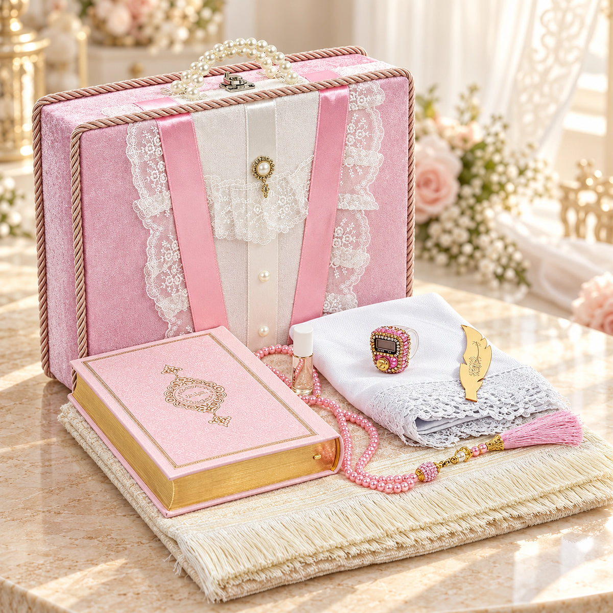 Luxury Islamic Wedding Gift Set with Quran, Prayer Mat, Tasbih & Bridal Chest