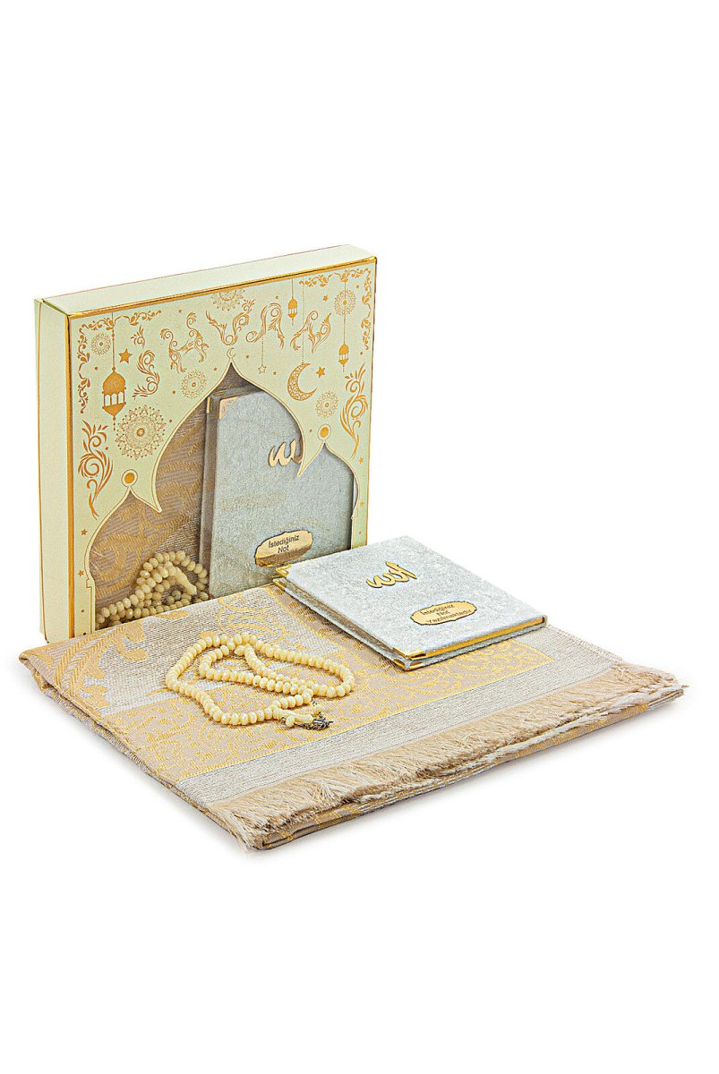 Luxury Mevlut Gift Set – Velvet Yasin Book with Name, Tafta Prayer Rug & Crystal Tasbeeh - ihvan