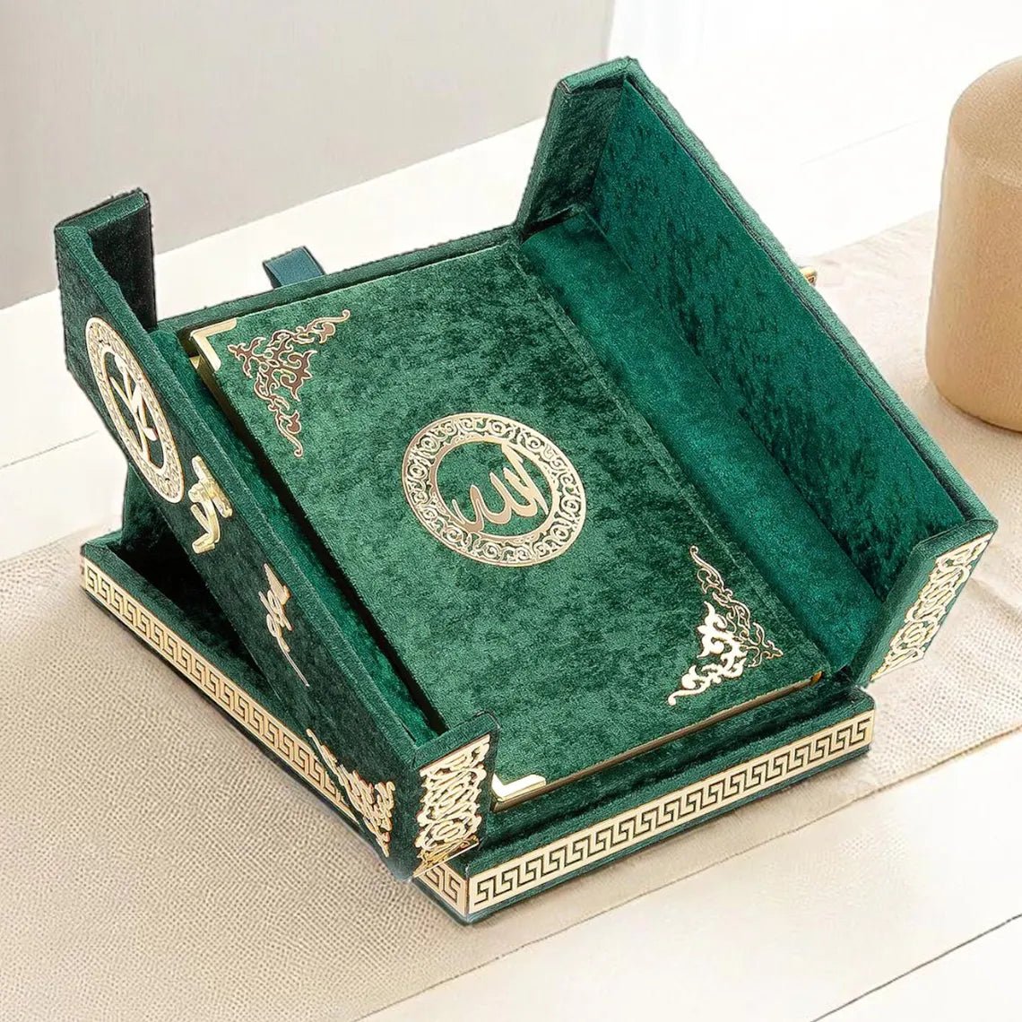 Luxury Quran Gift Set – Velvet Covered Quran with Double Cover Storage Box & Stand - ihvan