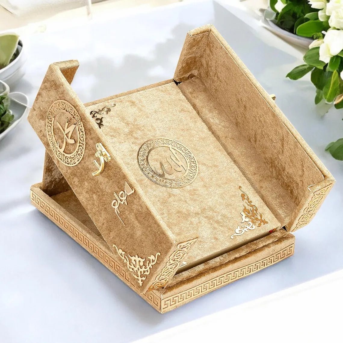 Luxury Quran Gift Set – Velvet Covered Quran with Double Cover Storage Box & Stand - ihvan