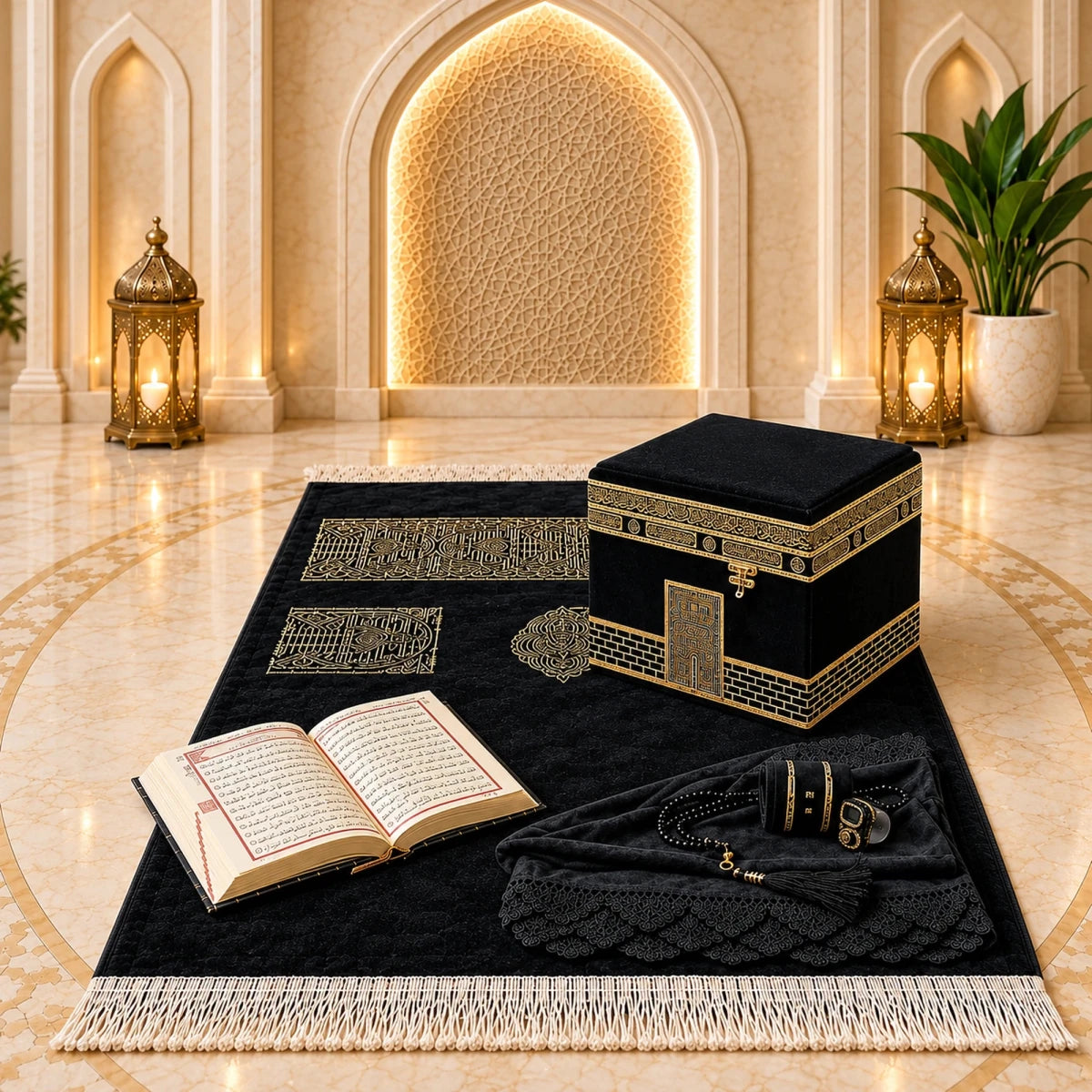 Luxury Velvet Kaaba Gift Set – Prayer Rug, Tasbeeh, Zikr Counter, Quran, and Scarf in Elegant Box - ihvan