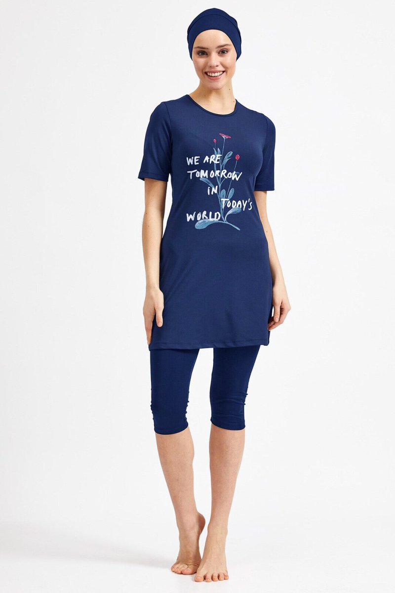 Maresiva Dark Navy Lycra Short Sleeve Modest Swimsuit - ihvan