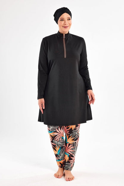 Maresiva Plus Size Leaf Patterned Long Sleeved 3 - Piece Quick - Drying Full Coverage Swimsuit Set with Pants 2801 - 25 Black - ihvan