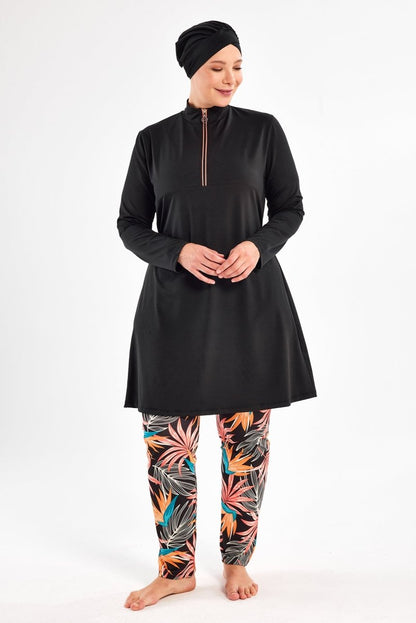 Maresiva Plus Size Leaf Patterned Long Sleeved 3 - Piece Quick - Drying Full Coverage Swimsuit Set with Pants 2801 - 25 Black - ihvan