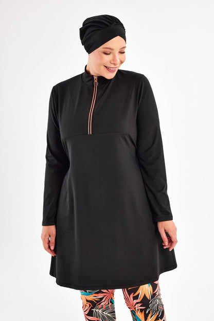 Maresiva Plus Size Leaf Patterned Long Sleeved 3 - Piece Quick - Drying Full Coverage Swimsuit Set with Pants 2801 - 25 Black - ihvan