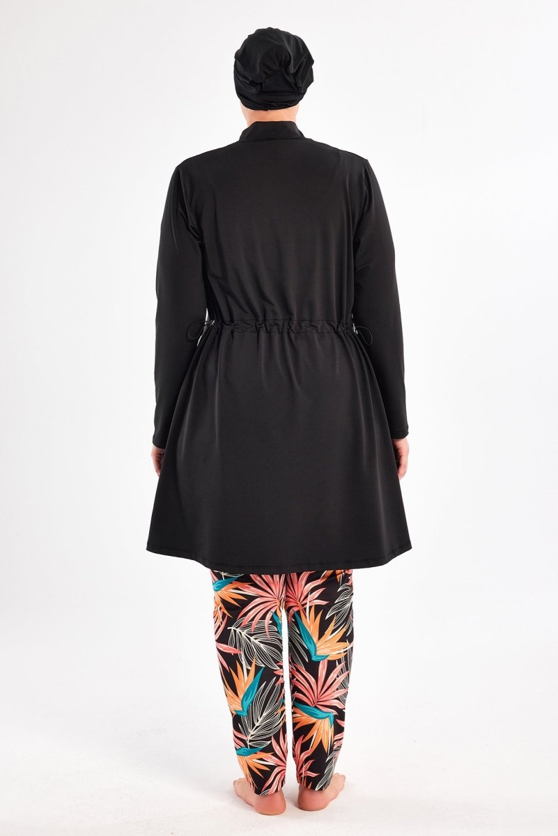 Maresiva Plus Size Leaf Patterned Long Sleeved 3 - Piece Quick - Drying Full Coverage Swimsuit Set with Pants 2801 - 25 Black - ihvan