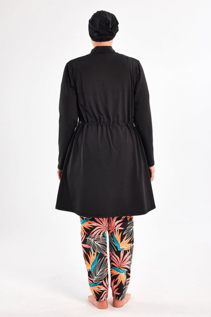 Maresiva Plus Size Leaf Patterned Long Sleeved 3 - Piece Quick - Drying Full Coverage Swimsuit Set with Pants 2801 - 25 Black - ihvan