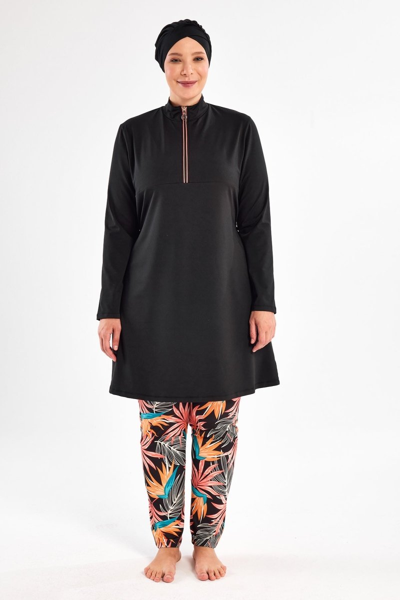 Maresiva Plus Size Leaf Patterned Long Sleeved 3 - Piece Quick - Drying Full Coverage Swimsuit Set with Pants 2801 - 25 Black - ihvan