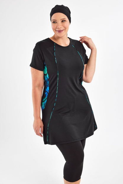 Maresiva Plus Size Patterned Short - Sleeved 3 - Piece Quick - Drying Semi - Closed Swimsuit Set 2803 - 25 Black - ihvan