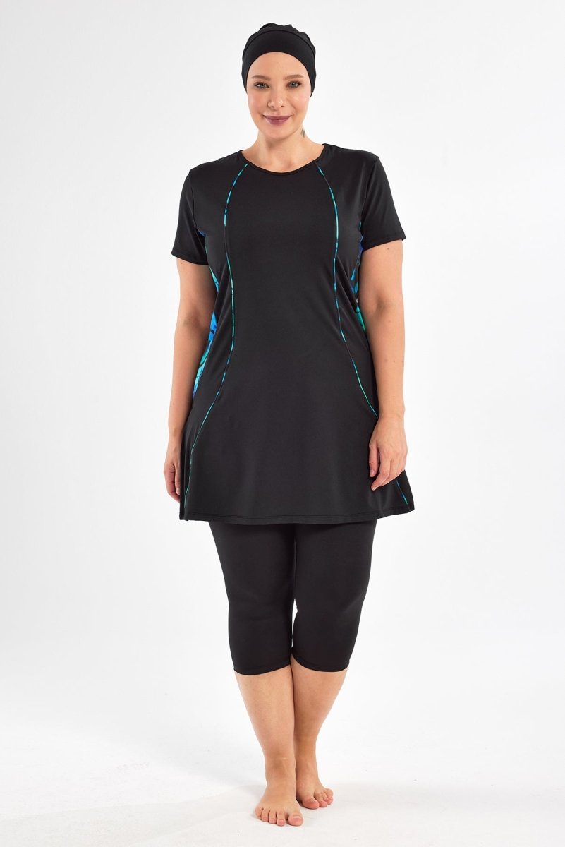 Maresiva Plus Size Patterned Short - Sleeved 3 - Piece Quick - Drying Semi - Closed Swimsuit Set 2803 - 25 Black - ihvan