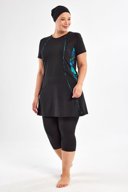 Maresiva Plus Size Patterned Short - Sleeved 3 - Piece Quick - Drying Semi - Closed Swimsuit Set 2803 - 25 Black - ihvan