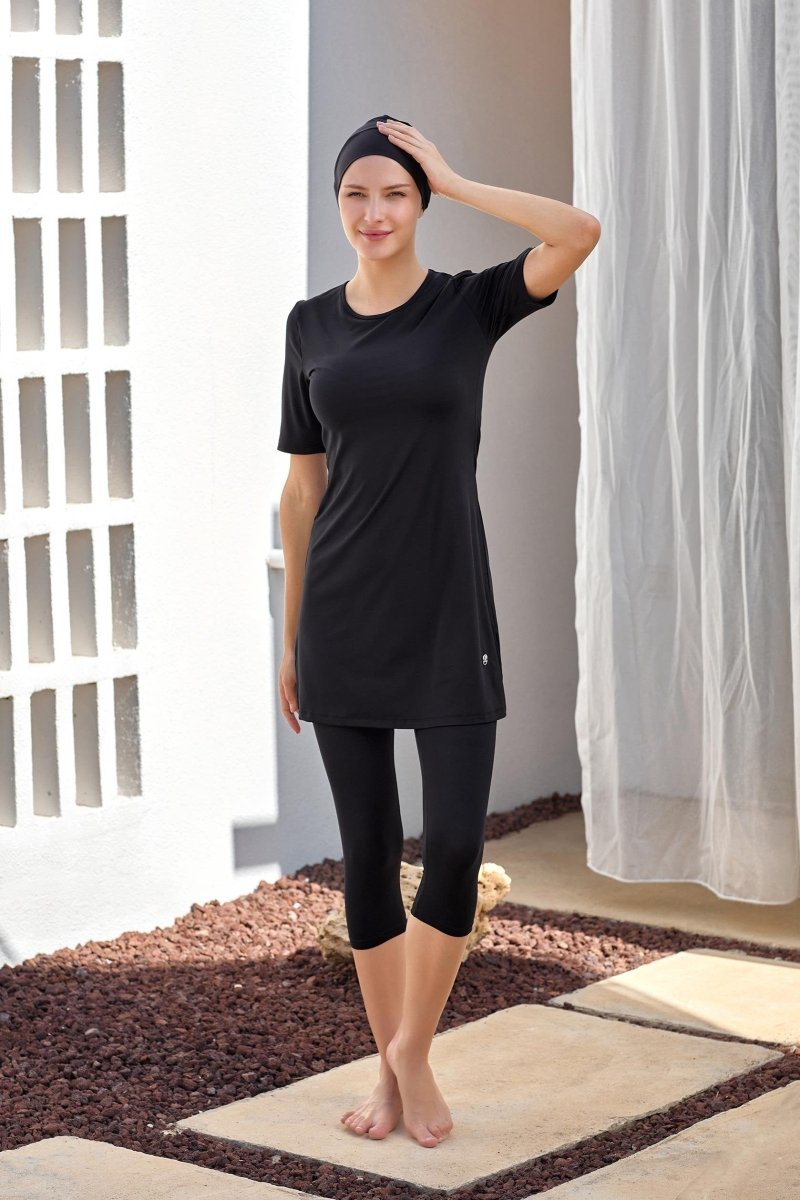 Maresiva Sleeveless Short - Sleeved Semi - Closed Modest Swimsuit 2606 - 25 Black - ihvan