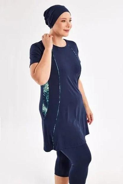 Maresiva Women's Plus Size Short-Sleeved 3-Piece Semi-Closed Swimsuit Set 2804-25 Navy Blue - ihvan