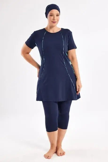 Maresiva Women's Plus Size Short-Sleeved 3-Piece Semi-Closed Swimsuit Set 2804-25 Navy Blue - ihvan