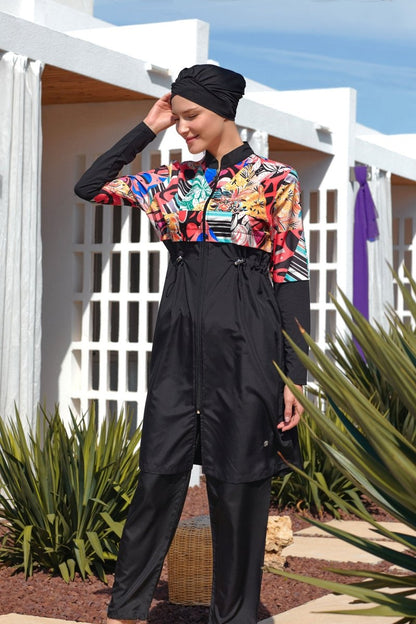 Maresiva Women's Tropical Pattern Long Sleeve 3 - Piece Quick - Drying Full Coverage Swimsuit Set 2506 - 25 Black - ihvan