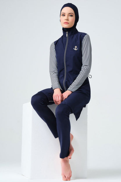 Marin Long - Sleeved Navy Blue Women's Full Coverage Hijab Swimsuit 23438 - 25 - ihvan