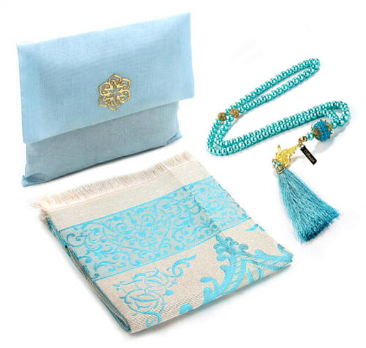 Muslim Taffeta Prayer Rug and Rosary with Slub Fabric Bag