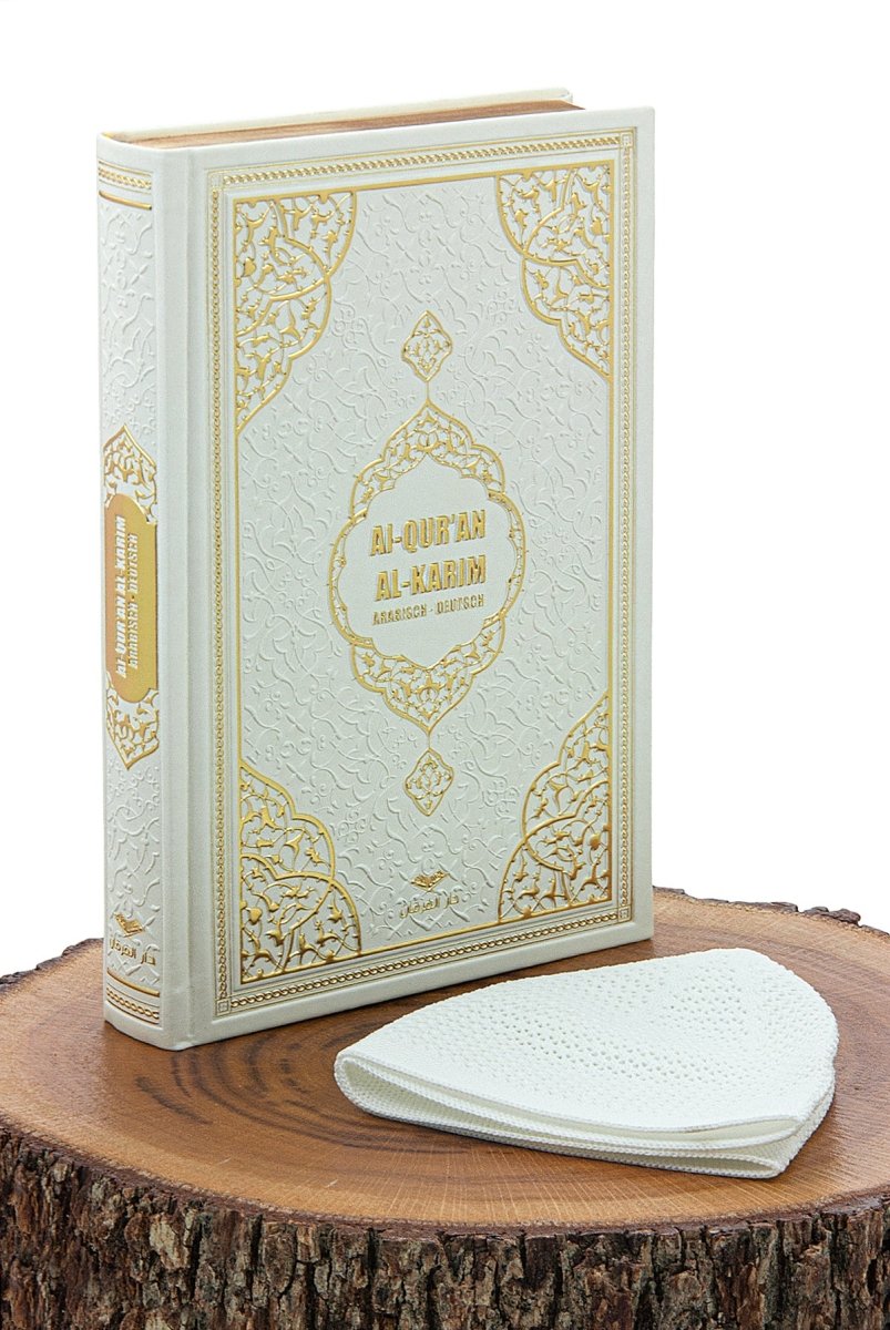 Medium Size Holy Quran with German Translation & Kufi Hat | Gilded Islamic Gift Set for Prayer & Reflection - ihvan
