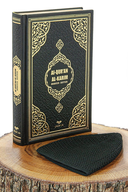 Medium Size Holy Quran with German Translation & Kufi Hat | Gilded Islamic Gift Set for Prayer & Reflection - ihvan